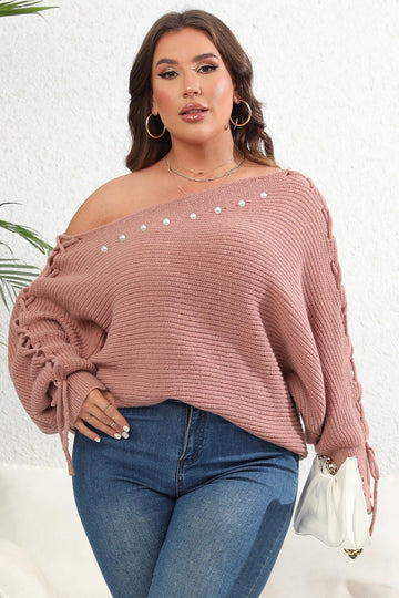 Woochic pull grande taille femme col bateau manches chauve-souris épaules dénudées rose 1XL